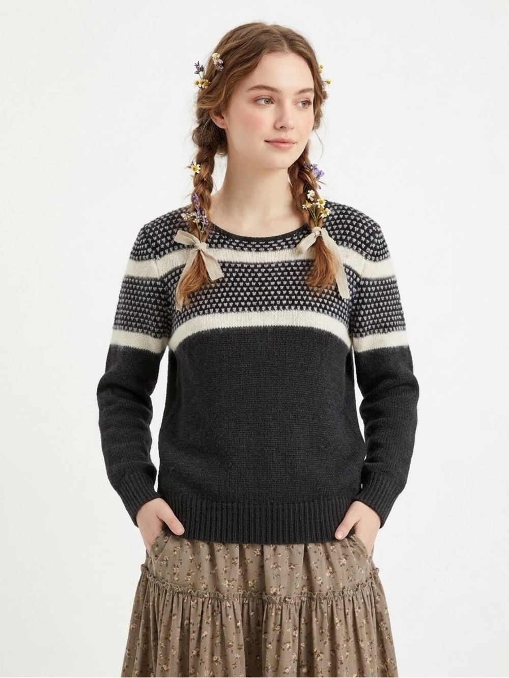 Vintage Cottagecore Angora Striped Puff Sleeve Sweater Minimalist Cozy Retro